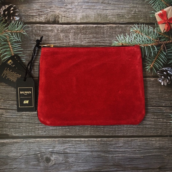 Balmain x H&M Green Red Navy Suede Leather Clutch - Picture 7 of 14